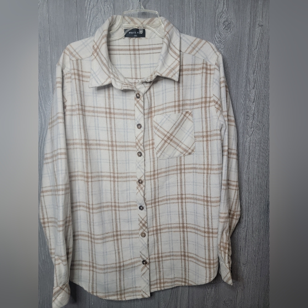 White Fox Boutique Plaid Flannel Button Down Shirt Tan Cream S/M